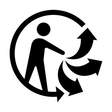 Triman  sign. Triman recycling logo icon. Waste sorting symbol with stick figure and branching recycling arrows. Tidyman symbol with multiple arrows indicating waste sorting and recycling.