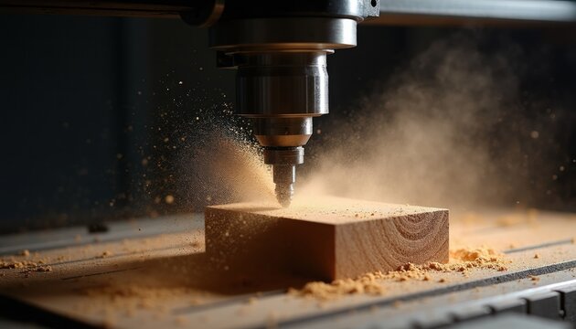 CNC machine bit carves wood block creating fine sawdust particles. Precise automated milling process in workshop. Woodworking precision technology.
