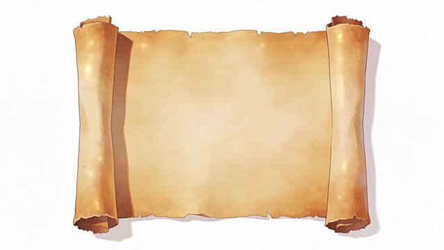 Blank aged parchment paper scroll unfurled against a white background, perfect for vintage designs, historical documents, or rustic invitations