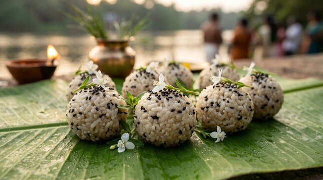 Macro Shot of Sacred Rice Balls Pinda with Black Sesame Seeds and Thumba Flowers on a Green Banana Leaf for Karkidaka Vavu Bali Ritual