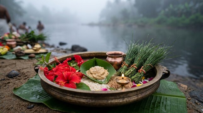 Detailed View of Karkidaka Vavu Bali Ritual Offerings with Hibiscus Flowers, Sandalwood Paste and Darba Grass in a Traditional Bronze Uruli Plate
