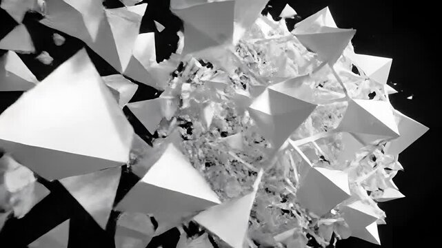 Abstract Geometric Shapes Exploding and Collapsing in Black and White.
