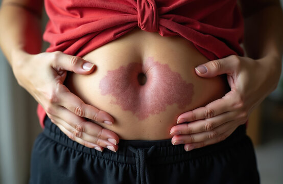 Close-up view of a person abdomen showing a reddish-purple birthmark or scar around the navel. The skin has a textured appearance with visible capillaries and a central umbilical opening.
