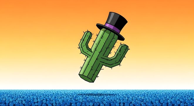 Cartoon cactus wearing a top hat, floating in the air over a blue textured surface with an orange gradient sky.