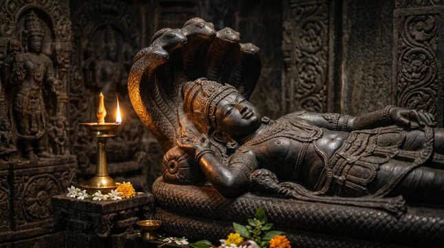 Serene stone idol of Lord Vishnu in Yoga Nidra for Parivartini Ekadashi, illuminated by a flickering oil lamp with dramatic rim lighting and shadows.