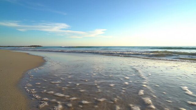 Beautiful shoreline wash with water creating perfect mirror effect on flat wet ocean beach sand.
