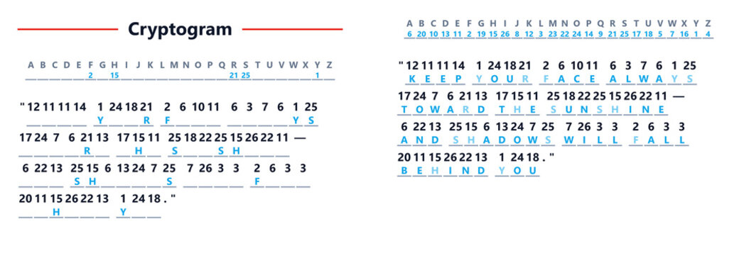 Cryptogram puzzle with numerical codes and letters on white background  