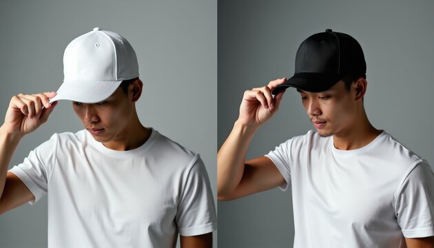 Split screen shows Asian man wearing white cap and black cap. Man adjusts headwear, looking down in studio. Clean background contrasts colors.