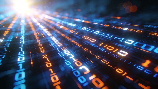 Digital Data Stream Abstract Binary Code with Futuristic Glowing Light Effect