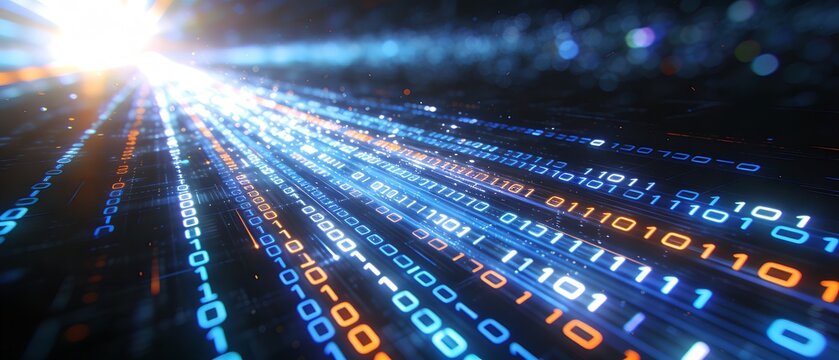 Abstract digital data stream with glowing light trails in binary code representing technology and information flow