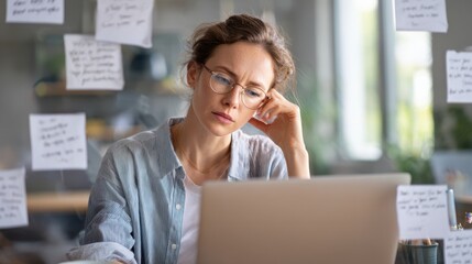 Fototapeta premium Adult woman with ADHD focused on laptop surrounded by floating notes and charts in a modern workspace, illustrating information overload
