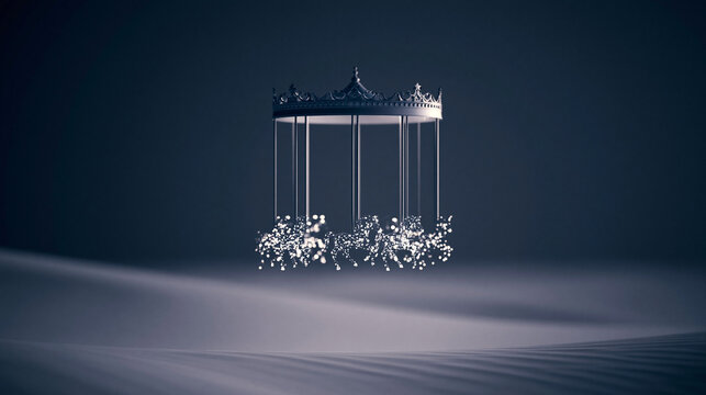 A surreal carousel with constellation horses floating above a vast desert at night