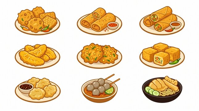 Flat vector icon set of 9 popular Indonesian street food and snacks on white background. Includes bakwan, risol, lumpia, pisang goreng, bakwan jagung, tahu isi, cireng, cilok, and mie ayam with toppin