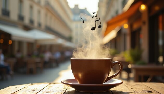 Steaming coffee cup on outdoor cafe table releases musical notes in soft light. Morning beverage with steam and melody creates urban atmosphere. People relax in background, city street.