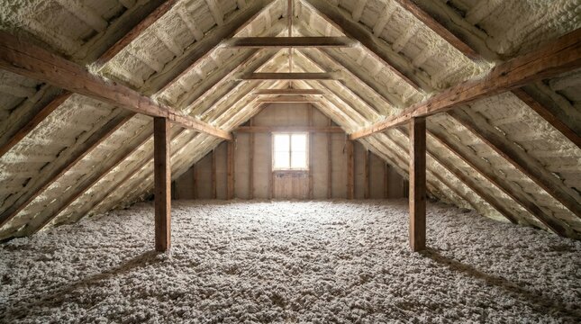 A spacious dimly lit attic interior with sloped ceiling and wooden beams filled with insulating material under a single bright window