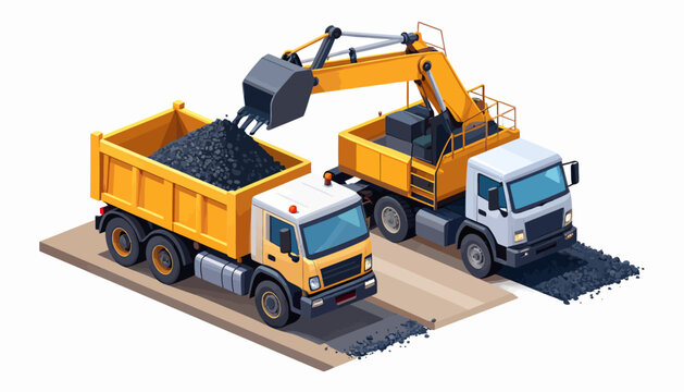 Isometric 2.5D illustration of construction vehicles, a dump truck and excavator, performing road construction work