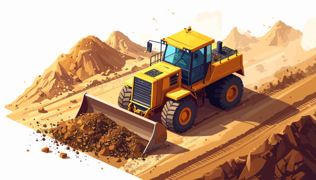 Isometric 2.5D illustration of a powerful yellow wheel loader, heavy construction equipment moving vast amounts of earth and sand at an active industrial site