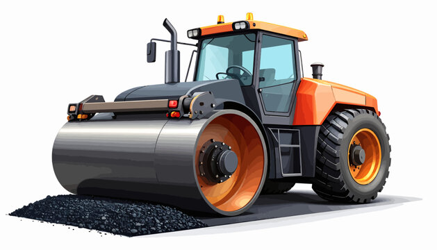 Dynamic semi-3D illustration of a powerful road roller actively compacting fresh asphalt, highlighting modern heavy construction machinery for paving new infrastructure projects