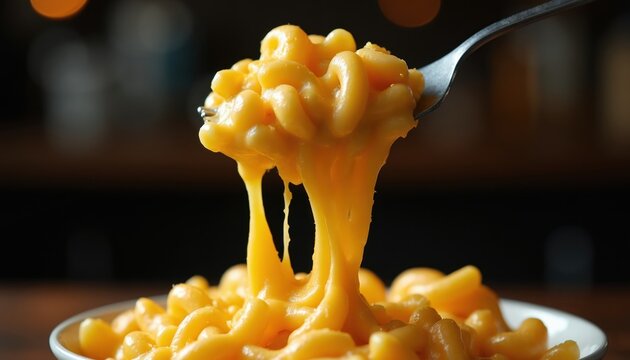 Close up fork lifts gooey stringy macaroni and cheese from white bowl. Creamy cheesy pasta melts creating long strands. Delicious comfort food served hot.