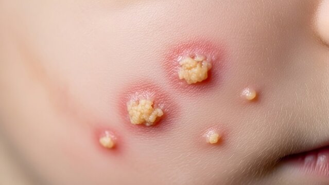 Close-up showing characteristic golden-yellow crusted lesions and red sores on facial skin, indicative of a bacterial impetigo infection, a common skin condition