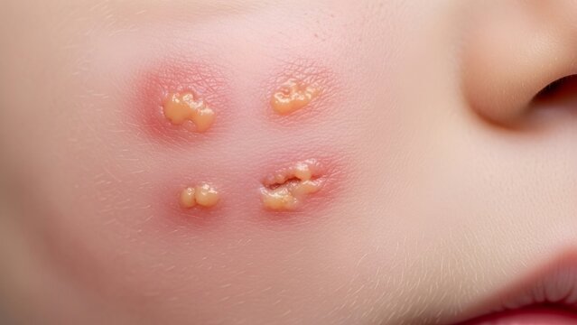 Visible impetigo infection on a child's face, showcasing characteristic blistering lesions and crusted sores, highlighting the bacterial skin condition and urgent need for treatment