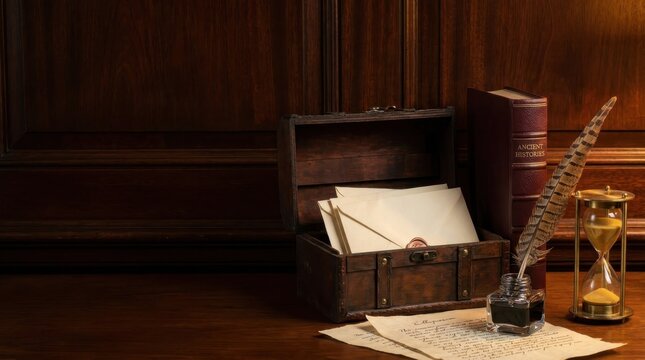 Vintage treasure chest filled with old letters and antique decor on wooden table.