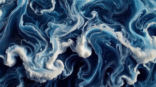 Abstract fluid art with dynamic blue and white swirling patterns resembling cosmic waves 4k video