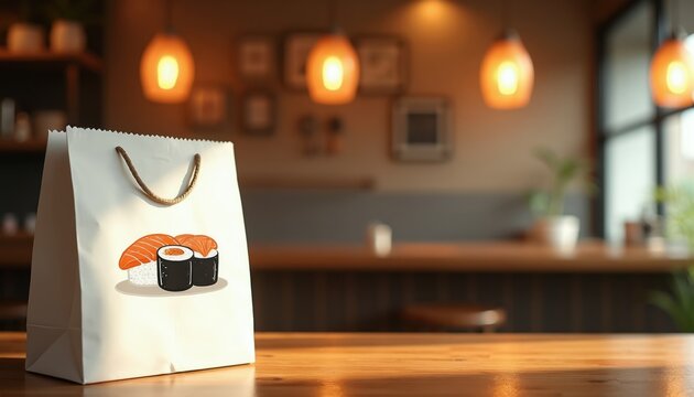 White paper bag with sushi illustration sits on wooden table. Warm pendant lights glow above blurred bar interior. Soft focus highlights playful design. Food takeout bag.