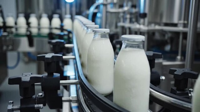 Fresh milk in clear glass bottles moves continuously along an automated conveyor belt in a modern, clean dairy factory production line, showcasing efficient industrial processing.