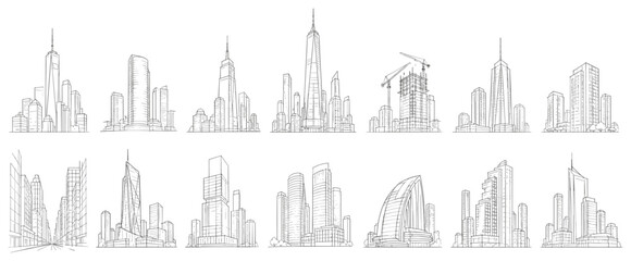 Naklejka premium Collection of diverse city skyline architectural drawings and building designs