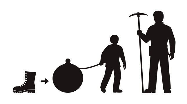 Black silhouettes, mining icons, worker and child, pickaxe, heavy industry symbols, labor and equipment