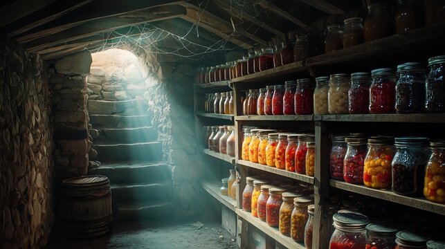 National Country Cooking Month: A dimly lit old root cellar with stone walls, rows of handmade glass jars filled with preserved peaches, tomatoes, pickles and jams glowing like jewels 