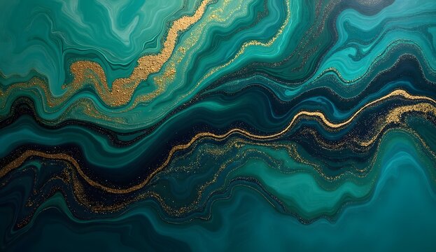 Abstract Emerald Green and Teal Agate Marble Texture with Glittering Gold Veins