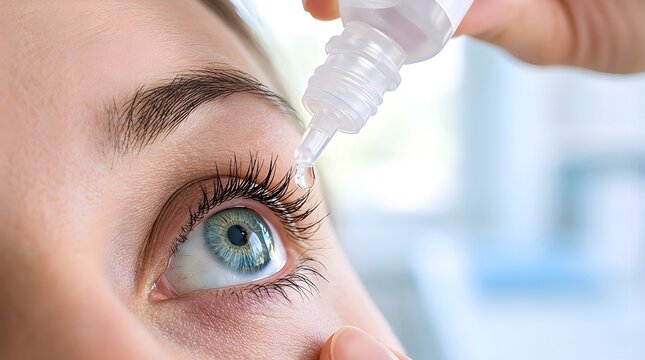 A close-up of a woman applying eye drops from a plastic bottle into her clear blue eye. Concept of medical treatment, ophthalmology, dry eye relief, vision care, and health.