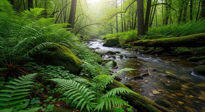 A serene forest scene with a babbling brook, lush ferns, and towering trees, creating a tranquil atmosphere.