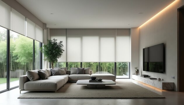 Minimalist living room with large windows overlooking bamboo forest. Sectional sofa, modern coffee table, and TV complement airy space. Elegant interior design for relaxation.