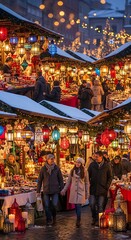 Obraz premium People walking through a festive European Christmas market at twilight.