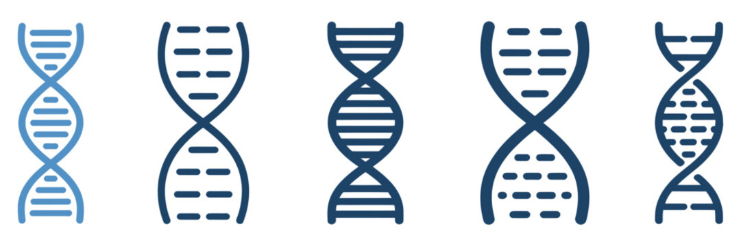 DNA chromosome genetics icon set featuring molecular structure symbols for biology and scientific research concepts.
