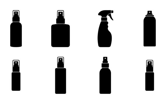 Black Silhouette Spray Bottles Collection, Various Sizes and Shapes, Vector Icons for Cosmetics, Cleaning Products, and Personal Care Applications