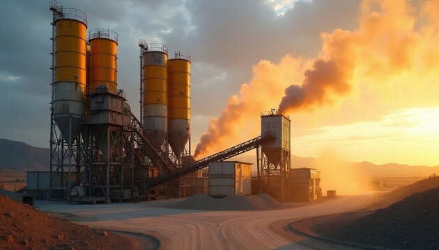 Concrete plant with silos and mixers operates in warm sunlight. Smoke billows from stacks, dust rises near conveyor belts. Industrial facility prepares building materials on a sunny day.