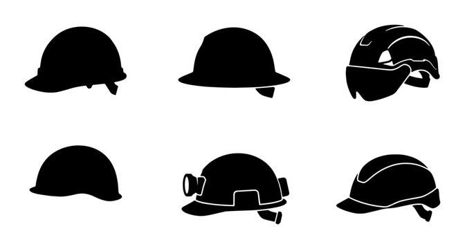 Safety Helmets Collection, Hard Hat Icons, Protective Headwear Silhouettes, Industrial Gear Vector Set