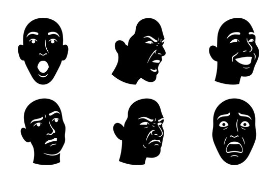 Six Black Silhouette Human Faces Expressing Diverse Emotions, Vector Icons for Communication and Expression