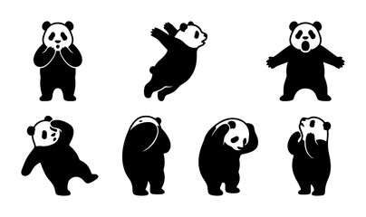 Cute Panda Bear Vector Icons Set, Black and White Cartoon Animal Poses, Playful Wildlife Graphics for Children's Designs and Educational Content © Rodela