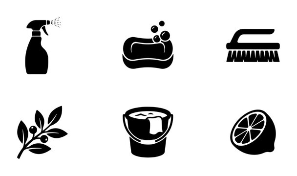 Cleaning Supplies Icons Set: Spray Bottle, Bar Soap, Brush, Lemon, Bucket, Branch. Essential Household Chores Vector Graphics for Hygiene and Maintenance