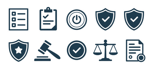 Law and order icon set featuring shields and checkmarks for justice, legal protection, and compliance concepts. © ARIF AHMED 01
