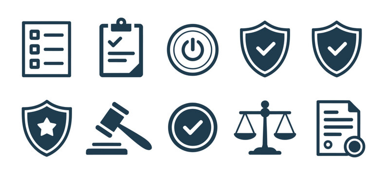 Law and order icon set featuring shields and checkmarks for justice, legal protection, and compliance concepts.