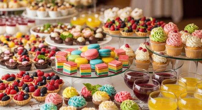 A vibrant and colorful dessert table, adorned with an array of sweet treats and intricate pastries, set against a backdrop of a beautifully decorated room with a warm and inviting atmosphere.