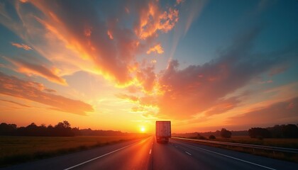 Obraz premium Semi truck drives on highway during vibrant sunset. Fiery clouds paint the sky above a darkening landscape. Sun sets on the horizon casting warm light.