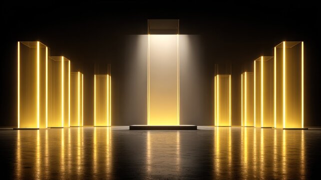 Illuminated golden pillars stand arranged symmetrically on a dark, reflective surface