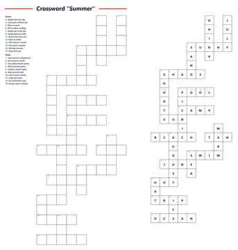 Summer crossword puzzle template with grid layout and clues  